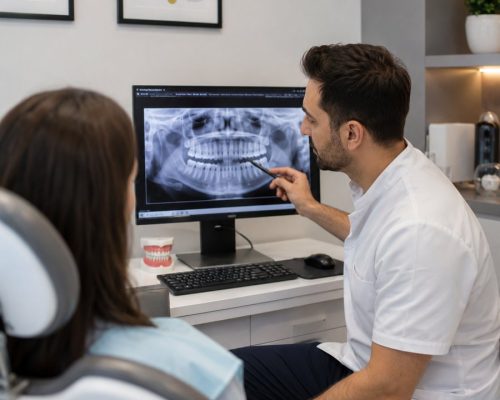 Venti dentist reviewing a dental X-ray with a female patient in Istanbul