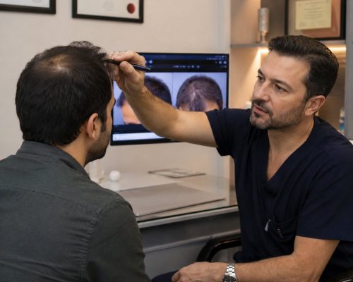 Venti specialist examining a male patient's scalp with hair analysis on screen in Istanbul